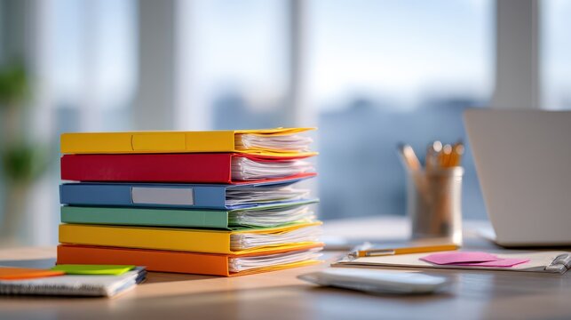 Color coded paperwork and folders in a tidy office setup conveying efficient data organization