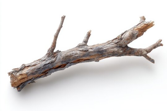 Isolated dead tree limb with textured bark on a clean studio backdrop