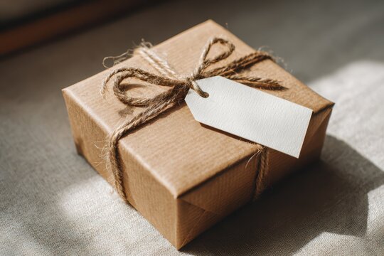 Studio-style shot of kraft gift box featuring an empty tag for labeling mockups