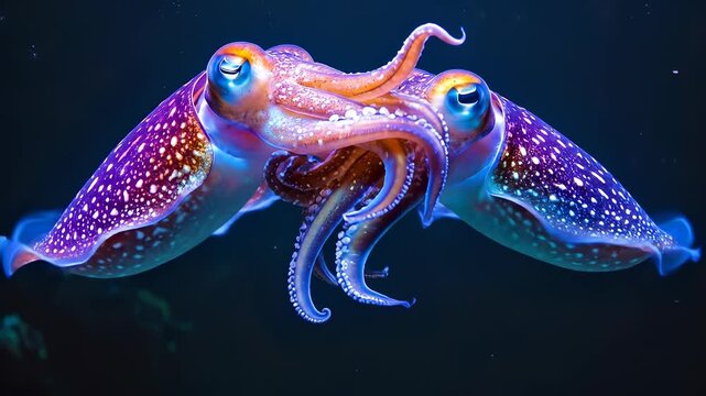 Two vibrant cuttlefish swimming in the deep ocean water.