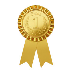 A gleaming golden first place award ribbon with intricate detailing on transparent background