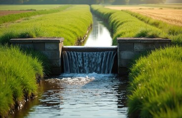 Fototapeta premium Water flows over small dam in green Dutch farmland canal. Agricultural ditch with grass banks irrigates fields. Rural Dutch landscape with waterway infrastructure.