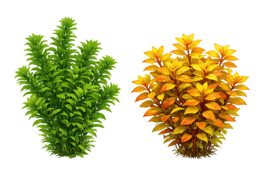 Aquatic vegetation plants in vibrant green and yellow colors, ideal for aquarium decoration and underwater scape
