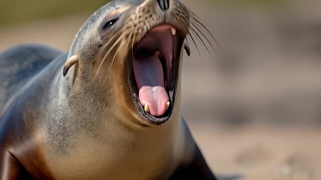 Close-up of a sea lion resting on the sand, yawning and showing teeth.