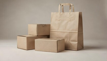 Eco friendly packaging mockup with kraft paper bags and cardboard boxes, minimal studio background, sustainable delivery and retail packaging concept with copy space