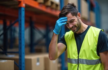 Fototapeta premium Warehouse worker with blue gloves wipes sweat from forehead. He smiles after hard physical work, feeling tired but satisfied with job done, wearing safety vest.