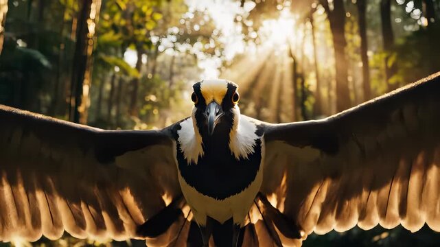 Stunning Bird of Paradise in Flight Amidst Lush Rainforest Scenery.