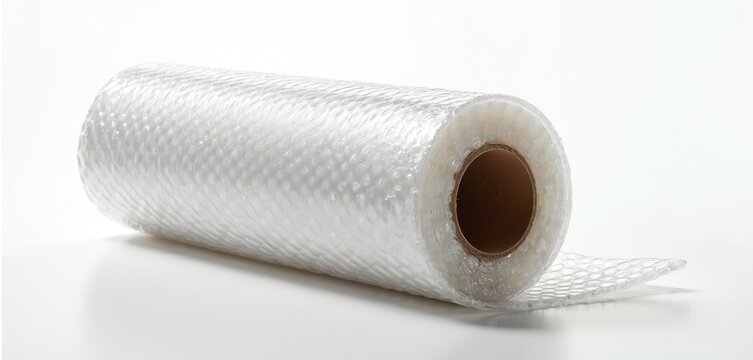 Roll of clear bubble wrap for protecting fragile items. Material has many small air pockets for cushioning during transit. Used for shipping and moving.