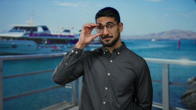 Young man smiling at seaside port with boat in background under a clear blue sky