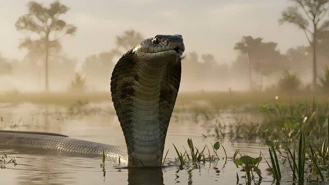 Majestic King Cobra in Serene Wetland Environment.