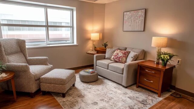 Focused recliner chair in a serene crisis intervention room complemented by softfocus light tones and minimal furnishings that enhance a safe quiet environment.