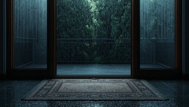 雨上がりの涼しい空気が流れ込む吹き抜けLDK、素材が艶めく