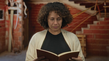 Fototapeta premium Woman reading notebook amid scaffolding and red brick wall in building; serenity gratitude reflection.