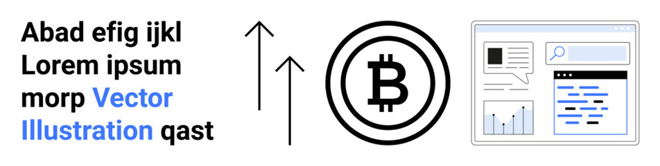 Obraz premium Cryptocurrency, blockchain, data analysis, financial growth, digital money, technology trends. Bitcoin symbol, upward arrows and interface with graphs. Cryptocurrency and blockchain concept