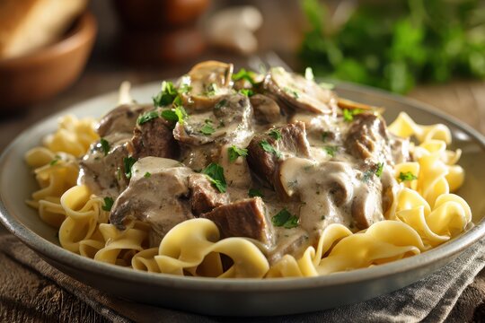 Creamy beef stroganoff over pasta with mushroom sauce, rustic wooden table setting
