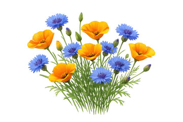 Obraz premium Blue cornflowers and orange poppies blooming, creating a vibrant spring or summer meadow bouquet on transparent background