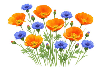 Fototapeta premium California poppies and cornflowers blooming, showcasing vibrant orange and blue wildflowers with green stems