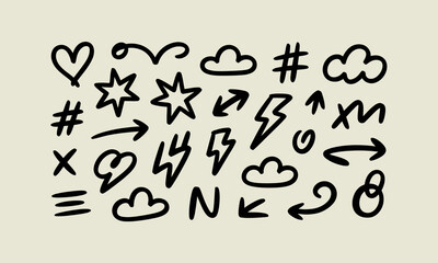 Naklejka premium Hand drawn doodle icons: hearts, stars, clouds, arrows, lightning bolts, hashtags, and letters on a neutral background.
