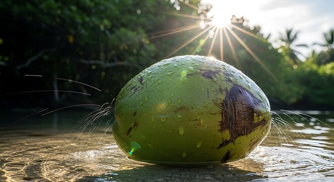 Coconut Half Submerged in Tropical Water.