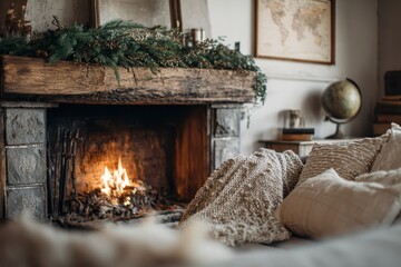 Fototapeta premium Cozy winter fireplace scene with travel-inspired decor and a space for text
