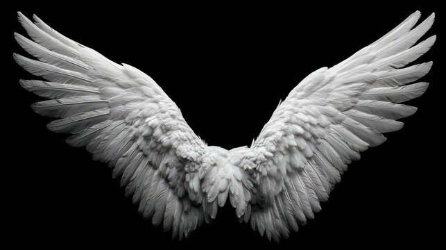 Pristine white angel wings isolated on a black background with detailed feather texture