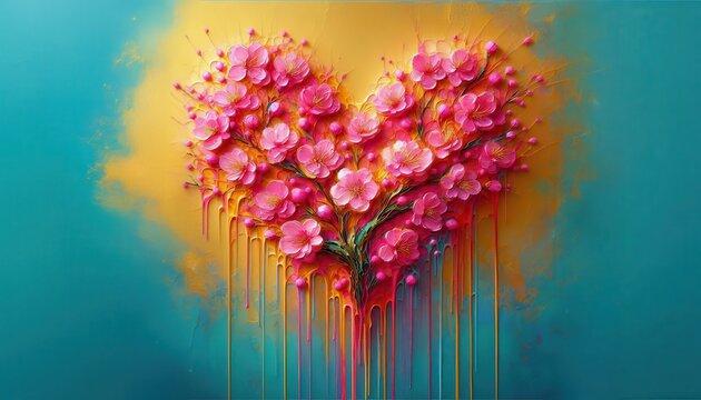 whimsical heart-shaped bloming pink cherry blossom, heavy impasto acrylic paint textures Turquoise background with gold foil, in muted background, greetings card, wall decoration