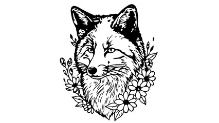 Obraz premium A black and white vector illustration of a fox's head surrounded by flowers and leaves