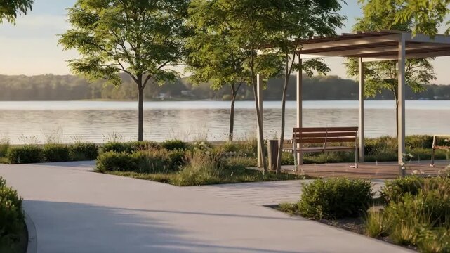 Focus on a lakeside walking path with smooth pavement shaded seating areas and gentle ripples reflecting soft sunlight in the background.