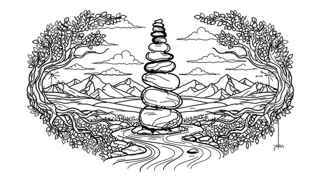 A serene vector illustration of a balanced stone tower in a natural landscape with mountains and trees