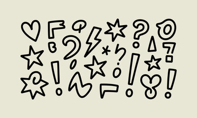 Whimsical hand-drawn doodle elements featuring question marks, exclamation points, stars, lightning, and letters.