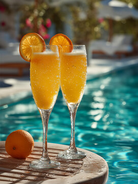 Two Glasses of Orange Cocktail with Fruit Garnish by Swimming Pool