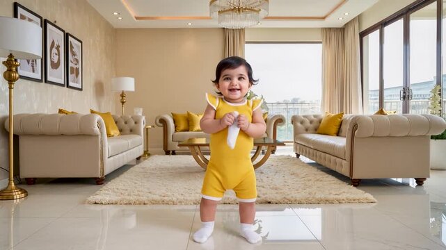 A happy baby in a yellow romper and white socks smiles while standing on a polished floor in a bright luxurious living room