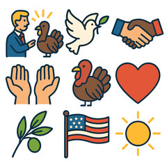 Fototapeta premium Peaceful thanksgiving symbols with turkey, dove, olive branch, and american flag