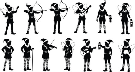 Christmas elves silhouettes, festive characters, musical instruments, holiday celebration, fairy elves, lantern holding, violin playing, guitar strumming, tambourine dancing, bow shooting © Mst