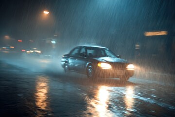 Obraz premium Car driving through a downpour with headlights cutting through rain