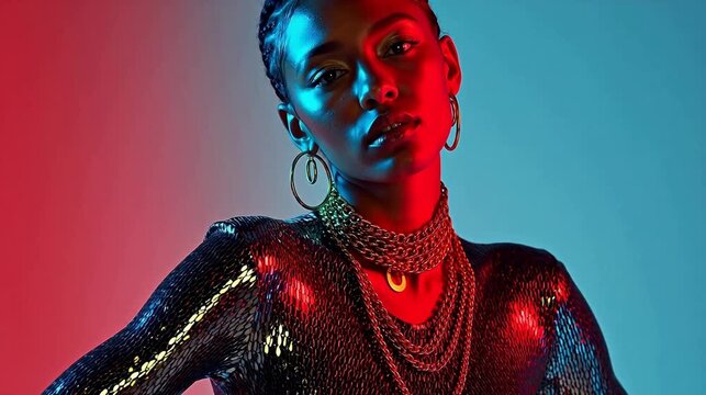 Fashion model in metallic outfit with neon lighting