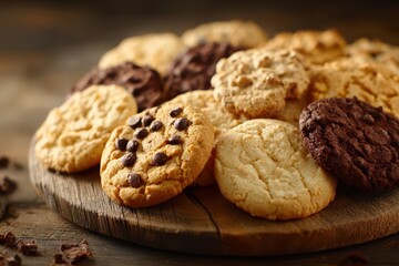 Assorted cookies close-up shot highlighting crust, crumb, and chocolate chips