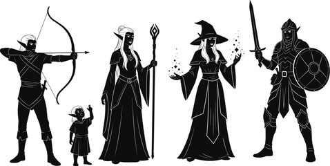 Fantasy character silhouette set, elf archer, mage, warrior, magical staff, black and white RPG illustration, medieval role icons