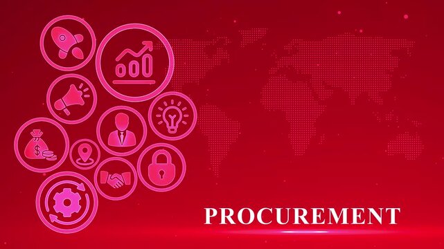 Procurement Business Concept with Icons and World Map on Red Background purchasing sourcing