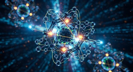 Obraz premium 3D molecular structure glowing with neon particles in futuristic dark blue digital space for science and technology innovation