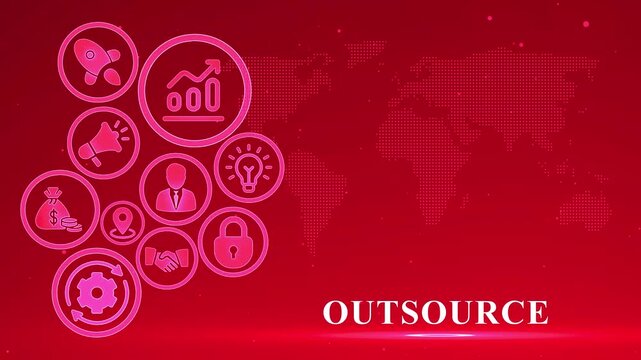 Business concept icons and world map on red gradient background with the word OUTSOURCE outsource