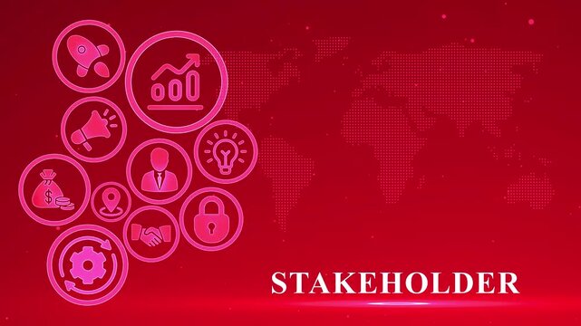 Business concept icons and world map on red gradient background with the word STAKEHOLDER