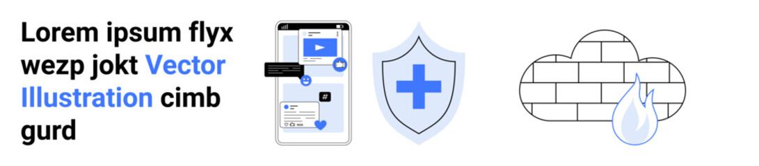 Obraz premium Digital health, cybersecurity, online services, data privacy, cloud protection, secure communication. Smartphone with icons, shield cloud with raindrop. Cybersecurity and online services concept