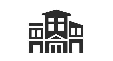 Simple black and white building icon with multiple stories and a central entrance.