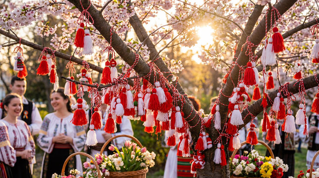 Traditional Martisor or tassel tied to a blooming apple tree branch. Red and white string symbol of spring, rebirth, and Balkan folklore celebration on a sunny blurred background.