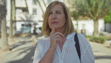 Fototapeta premium Woman in white blouse touches chin with finger while gazing upward on sunny urban street lined with palm trees; quiet thought.