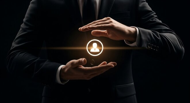 The businessman's hands protect the glowing user profile icon on a dark technological background