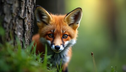 Obraz premium Red fox kit hides behind tree. Cute baby animal looks with curious eyes. Wild mammal rests in green forest grass. Natural wildlife portrait.