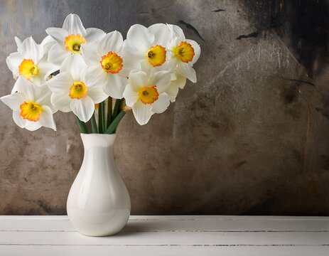 white paperwhite narcissus bouquet in vase against textured background