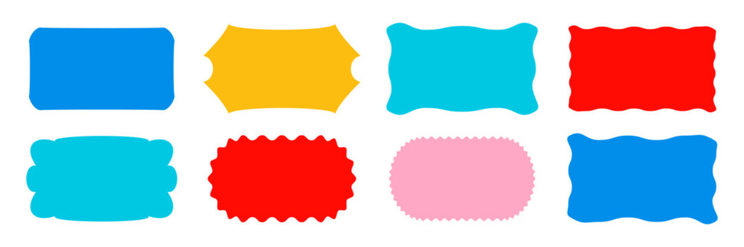 Wavy organic rectangle bright colorful abstract shapes with playful hand-drawn curvy edges. Fun fluid frames and text boxes for banners, posters, stickers, backgrounds, modern graphic design projects